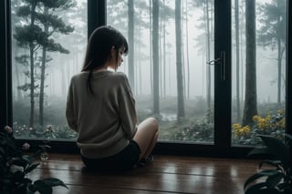 a girl sitting looking at window, indoor, sad girl, forest  landscape background at window, fog, water drop at window glass, rainy, plant, flower, sweater, short pants, full body, back view, from below, ultra high quality, ultra high resolution, detailed background, low key, dark tone,