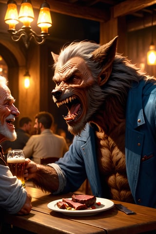 A werewolf talking with a old man, sitting at restaurant patron, table, meat, beer, human around, laugh, funny, masterpiece, ultra high quality, ultra high res, ultra realistic, ultra detailed, 8k,monster,HellAI, 