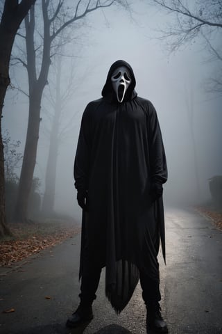 a guy standing at quiet road, sad, foggy, ghost face mask, ghost face costume, (full body:1.2), big body, head tilted, fog background, aesthetic, focus on viewer, front view, from below, ultra high quality, ultra high resolution, detailed background, dramatic lighting, muted color, luts, low key, dark tone,ghostface mask