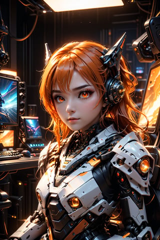 (((Masterpiece))), (((Hyperrealistic))), (((Extremely Detailed))), (((Extremely High Quality))), A mecha gaming girl, beautiful, cute, innocent, neck are wires, orange glowing eyes, sitting at gaming chair, gaming room, monitor, gaming computer, orange light, bedroom, 14 y old, focus to viewer, (front view1:2), potrait, (upper body:1.2), dramatic lighting, ultra high quality, ultra high res, ultra realistic, ultra reflection, ultra detailed, ultra detailed lighting, ultra detailed background, ultra detailed around, 4K, 8K, 16K, monster, HellAI,more detail XL, 