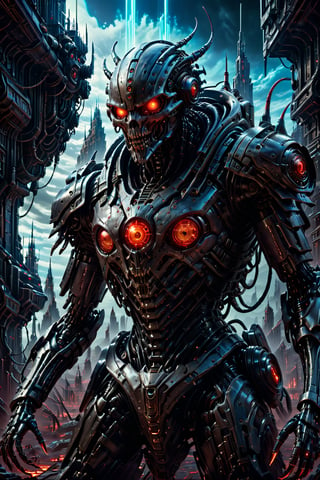 A mecha grim soul, hooded, robotic arm, robotic body, neck are wires, blue light glow trough body from it, red glowing eyes, ruin technology, looking to viewer with angry, front view, (upper body:1.2), masterpiece, ultra high quality, ultra high res, ultra realistic, ultra reflection, ultra detailed, ultra detailed lighting, ultra detailed background, ultra detailed around, 4K, 8K, 16K, Hyperrealistic, monster, HellAI