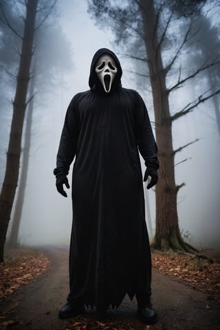 a guy standing at lonely road, foggy, ghost face mask, ghost face costume, (full body:1.2), big body, head tilted, ambient, fog background around forest, aesthetic, focus on viewer, front view, from below, ultra high quality, ultra high resolution, detailed background, dramatic lighting, low key, dark tone,ghostface mask