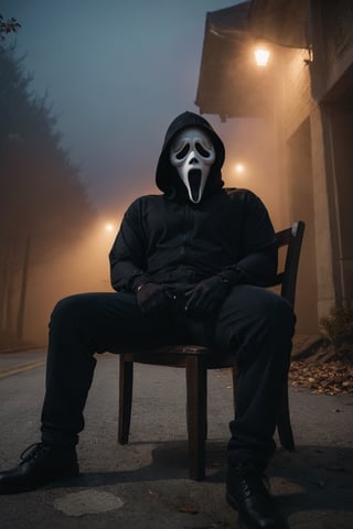 a guy sitting at chairs at road, sad, foggy, ghost face mask, ghost face costume, (full body:1.2), big body, head tilted, fog background, aesthetic, focus on viewer, front view, from below, ultra high quality, ultra high resolution, detailed background, dramatic lighting, muted color, luts, low key, dark tone,ghostface mask