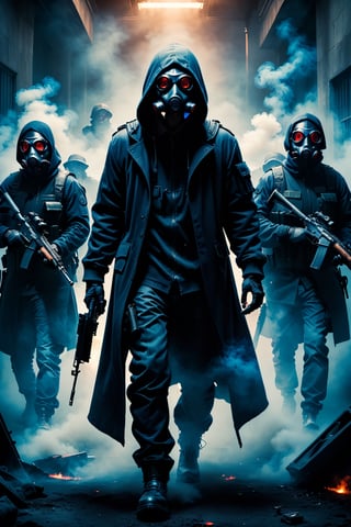 Masterpiece, ultra high res, ultra high quality, a group of robbery standing at dark bank, dark background, cloak, hooded, hoodie, gas mask, red glowing eyes, blue smoke, full body, (holding an assaults rifles with two hands), focus on viewer, front view, from below, low key, dark tone, ultra detailed, ultra realistic, ultra reflection, 8k,M16 Rifle series,HellAI,more detail XL