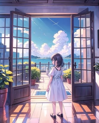 (masterpiece), 1girls, casual dress, indoor, nature, window, sky, cloudy, colors, soft, cute, style, scenery, watercolor, vibrant
