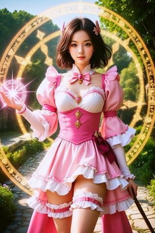 masterpiece, realistic, photo \(medium\), outdoors, sunlight, 1girl, solo, medium hair, black hair, looking at viewer, magical_girl, frilled dress, brooch, pink hair, sparkle, magic circle, staff, scenery, fantasy