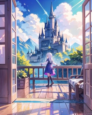 (masterpiece), 1girls, casual dress, indoor, nature, window, sky, cloudy, colors, soft, cute, style, scenery, watercolor, vibrant, colorful, nature, fantasy
