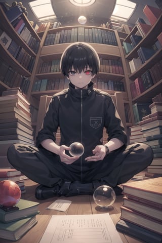 (masterpiece, picture-perfect:1.2), light rays, light particles, indoors, library, bookshelf, book, book stack, too many books, ladder, globe, orb, (crystal ball:1.2),(ghoul:1.2), sitting, black hair, red eyes, glowing eyes, kaneki ken, tokyo ghoul, fisheye