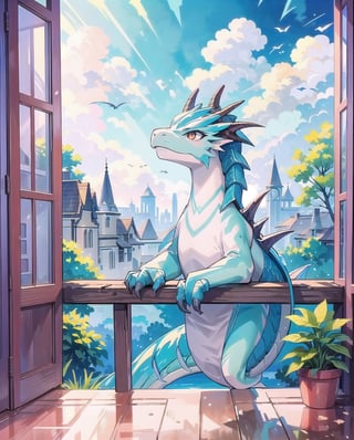 (masterpiece), 1girls, indoor, nature, window, sky, cloudy, colors, soft, cute, style, scenery, watercolor, vibrant, colorful, nature, fantasy, dragon
