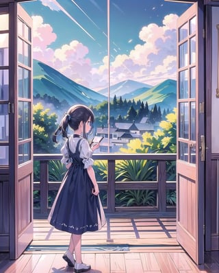(masterpiece), 1girls, casual dress, indoor, nature, window, sky, cloudy, colors, soft, cute, style, scenery, victorian
