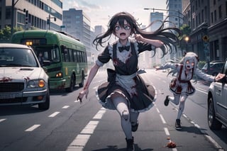 (masterpiece), (highway), 2girls, multiple girls, maid, silver hair, black hair, (running away from a hoard of zombie:1.3), (hoard, zombie:1.3), bus