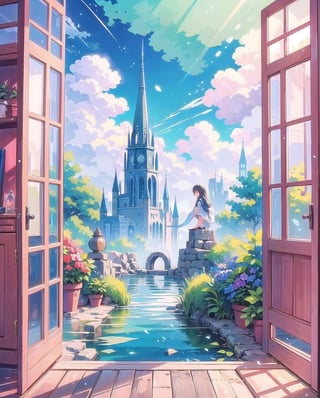 (masterpiece), 1girls, indoor, nature, window, sky, cloudy, colors, soft, cute, style, scenery, watercolor, vibrant, colorful, nature, fantasy, crystral
