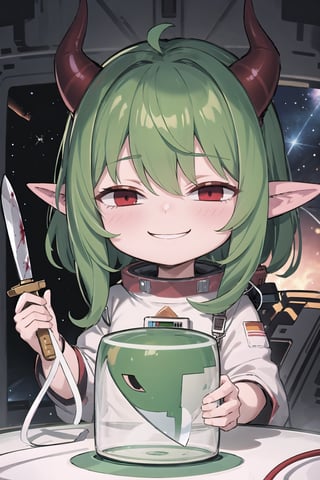 godoacrime, 1girl, among us, green astronaut suit, green hair, red eyes, helmet, transparent helmet, holding bloody knife, in space ship, elf ears, red horns, chibi,IncrsAnyasHehFaceMeme,IncrsDisasterGirlMeme