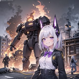 (masterpiece), highly detailed, high quality, perfect lighting, beautiful, 1girl, silver hair color, medium hair, multicolored hair, purple eyes, medium breasts, mecha headgear, violet clothes, white shirt, lace, lace rims, purple bowtie, (evil smile), fire, burning, outdoor, DisasterGirlMeme, IncrsDisasterGirlMeme,IncrsDisasterGirlMeme