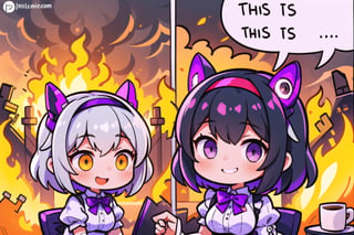 (masterpiece), highly detailed, high quality, perfect lighting, beautiful, 2girls, black hair, yellow eyes, silver hair color, medium hair, multicolored hair, purple eyes, medium breasts, mecha headgear, violet clothes, white shirt, lace, lace rims, purple bowtie, (evil smile), fire, burning, outdoor, DisasterGirlMeme, IncrsDisasterGirlMeme,IncrsDisasterGirlMeme,IncrsThisIsFineMeme, maid