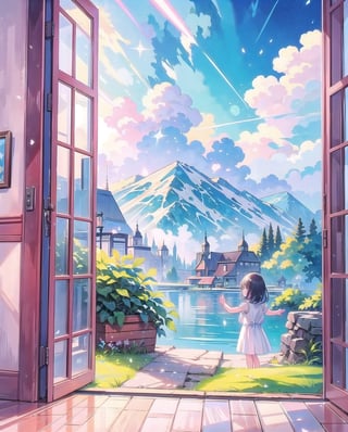 (masterpiece), 1girls, indoor, nature, window, sky, cloudy, colors, soft, cute, style, scenery, watercolor, vibrant, colorful, nature, fantasy, crystral
