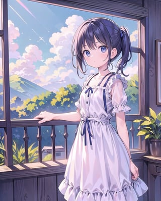 (masterpiece), 1girls, casual dress, indoor, nature, window, sky, cloudy, colors, soft, cute, style, scenery, victorian
