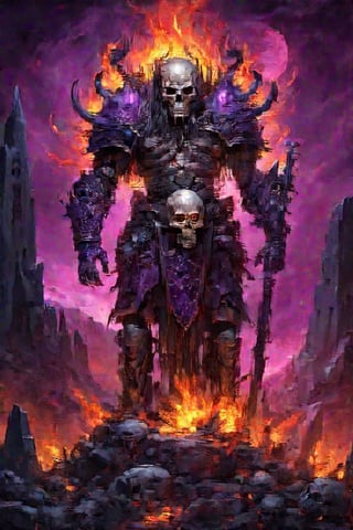 (masterpiece, best quality, highres:1.3), ultra resolution image, evil warrior with a skull head, flames, bone armour,  standing in moonlit Westland, (necropolis:1.5), ohterworldly energy, purplish  wisps, undead warrior, (mystic tranquility:1.3), realm of the decease,dripping paint