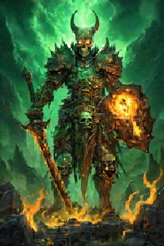 (masterpiece, best quality, highres:1.3), ultra resolution image, evil warrior with a skull head, flames, bone armour,  standing in moonlit Westland, (necropolis:1.5), ohterworldly energy, greenish wisps, undead warrior, (mystic tranquility:1.3), realm of the decease