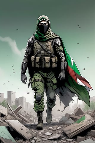 A full body portrait  drawing of a Palestinian superhero wearing Keffiyeh ,  face covered, green camouflage tactical suite , standing among rubbles , centered,  perspective,Leonardo style ,stalker