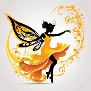 vector Silhouette illustration art, a pixie fairy dancing in air,  liquid ink, [white : yellow: orange : black] , calligraphic, arabesque, modern Minimalist painting, 2D,  glossy, intricate, highly detailed, high contrast, vibrant , 32K,  centered, bright, clear, sharp, ethereal, ultra hd, Sparkling, denoise,  pixabay , digital illustration, rococo, feminin