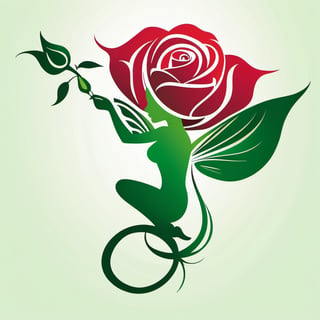 A 2D Minimalist illustration, vector art, Silhouette art  painting , a pixie fairy sprouting out a rose bud, green shades red tones , ink, calligraphic, glossy, highly detailed, high contrast, vibrant , 32K,  centered, symmetry , bright, clear, sharp, ethereal, feminin