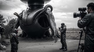 photo of the scientists in yellow biohazard suits being captured by giantic alien xenomorph humanoid creature, alive bio alien spaceship in the background, cinematic, Sony A7R IV camera, Kodak Tri-X 400 film, 50mm lens, high contrast, Guillermo del Toro style, James Cameron style