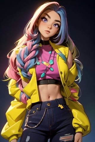 (hyperealistic detailed face:1.2), (looking at viewer:1.2), (frontal view), centered, upper body, award winning frontal photography, masterpiece, | (arms behind back), (beautiful detailed eyes:1.2), braided hairstyle, (blue hair color), (light purple eyes), (red tube top), midriff, navel, lowleg jeans, | sunset, bokeh, depth of field, | urban, street, City, | starry sky, vaporwave color scheme, (saturated colors:1.2), ,3DMM