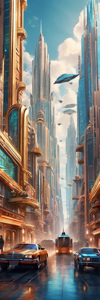 Design a digital artwork that fuses futuristic elements with the Art Deco style of the 2077s. Imagine a futuristic metropolis with grand Art Deco buildings and elegant flying vehicles, all in metallic colors to create a spectacular effect, photo realistic, fantasy