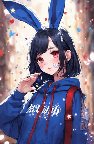 best quality, masterpiece, illustration, 1 girl, alone, dark blue sweatshirt, bunny ear, dark blue hair, sparkling eyes, floating_hair, cute outfit, High detailed , blushing, (two eyes different colors (sparkling one eye blue and eye the other red)), one eye blue, one eyes red, very_high_resolution,High detailed ,Color magic, sparkling daydream, facing_viewer, sparkling water, edgSDress, magical sceptre, dazzling magic effect, perfect eyes,redeyes,Realistic Blue Eyes,Eyes