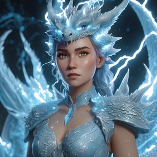 realistic, Ice Dragon, desolate, intricately detailed, artistic lightning, particles, beautiful, amazing, highly detailed, digital art, sharp focus, trending on art station,Read description,3d style,xxmix girl woman,lty,arcane