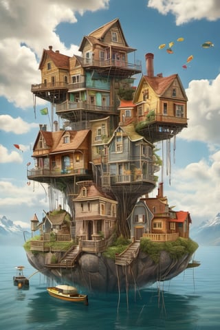 GhibliStyle stacked-houses on floating island,  intricate details, by Laurie Lipton, Concept Art,colorfull, high_res,3d style,3d