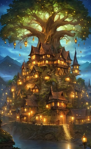 fantasy, trees-stacked-village, night, lights, beautiful, dreamy, TomBagshaw and Seb-McKinnon