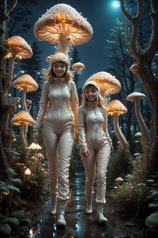 mushroomfantasy , girls in sticky suit, walking confidently, night time, dark, bioluminiscent glow mushrooms,  plants,  joyful atmosphere