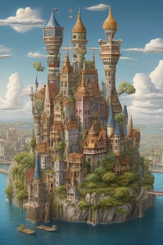 MedievalStyle skyscrapers on floating island,  intricate details, by Laurie Lipton, Concept Art,colorfull, high_res,3d style