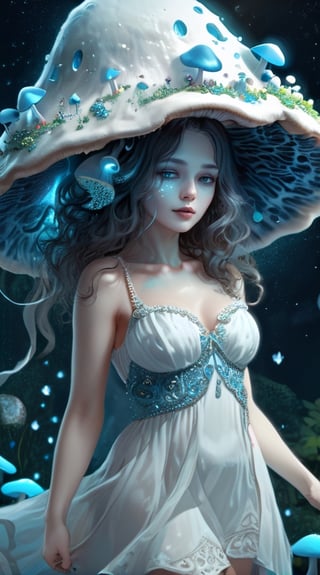 IncrsXLRanni, Fantasy, surreal, 1girl, dynamic pose, (blue skin:1.4), flow curly hair, white dress, flows on the body, cyan&white color, sweetheart neckline, a flared skirt adorned by intricate embellishments of floral patterns, stars, and crescent moons, biolumiscent glow musroom, beads, sequins, crystals, (cyan glow mushrooms:1.2), and pearls that sparkling, has a veil and hat, Neon-glow-mushroom accesorized dress, Combination of fashionable and fantasy, creative, Hyperdetailed artwork,IncrsXLRanni,wavy hair, blue skin, cracked skin,girl,DonShr00mXL 