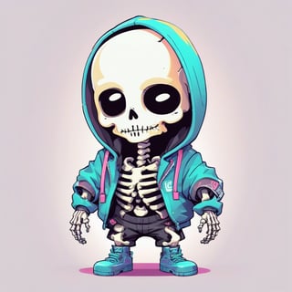 vector, minimalist, smooth, colorful, chibi skeleton in cyberpunk-hoodie, pastel color, white background, high_res