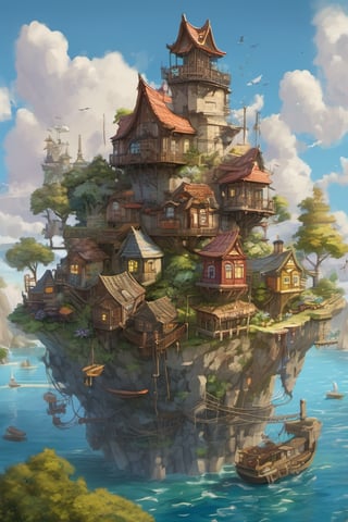 GhibliStyle stacked-houses on floating island,  intricate details, by Laurie Lipton, Concept Art,colorfull, high_res,3d style,3d