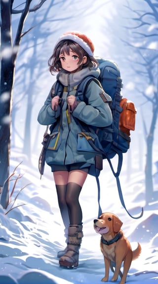 anime, high detailed, 1girl, survival ready, survival tool, backpack, dog, snowy, snowfall,colorful, high_res