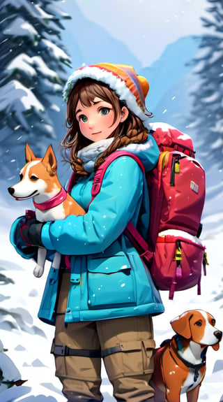 2.5D, hyper-detailed, 1girl, survival ready, survival tool, backpack, dog, snowy, snowfall,colorful, high_res