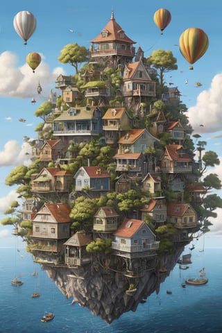 GhibliStyle stacked-houses on floating island,  intricate details, by Laurie Lipton, Concept Art,colorfull, high_res,3d style,3d