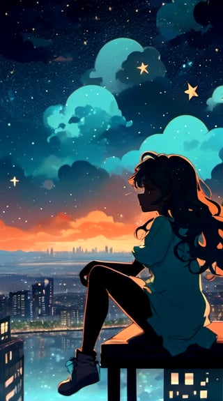 Scenery ,1girl ,silhouette, night sky, solo outdoor, sitting, cloud, octans, sky, stars, scenery, starry sky, night, long-wavy-hair, silhouette, floating hair,cityscape, (dark,teal,orange)