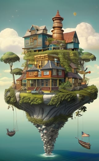 GhibliStyle stacked-houses on floating island,  intricate details, by Laurie Lipton, Concept Art,colorfull, high_res,3d style,3d