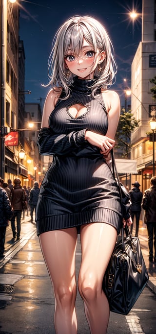 masterpiece, best quality, highres, aamiyako, long hair, jewelry, earrings, , sweater dress, virgin killer sweater, clothing cutout, turtleneck, sleeveless, night, street, cowboy shot, standing, smile, bare arms,