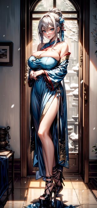 Stick out your tongue,Realistic effect,Female pervert,White-haired girl,Messy hair,Ancient wind,cyan colors,cyan colors,Cyan Hanfu(Delicate and mysterious antique patterns),high-heels,The expression after the climax,winning artwork,Silhouette effect,Epic composition,Stand in front of a window with falling snow(Ancient wind),(Antique background)Need,8K,The human body light and shadow effect is three-dimensional,Delicate face,（in the darkness nigth：1.6）,Fantasyart,photographrealistic,动态照明,art stations,poster for,Volumetriclighting,Very detailed faces,4 k'',Award-Awarded, low tune, Cowboy shot, (Hanfu:1.4), long whitr hair,(Super huge))),(((Super huge breasts))),(cleavage),(Lift your clothes),((Cover your breasts)),((Bare-chest)),((tit)),(((areola of breast))),(nabel),(No shoulder strap),cropped shoulders,Bandeau