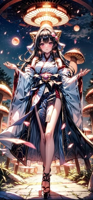 This is a description of an incredible illustration featuring a beautiful casting a spell surrounded by planets. wearing stunning white, pink, and gold clothes with a adorned with pink jewels. The celestial environment is breathtaking, filled with delicate mushrooms and dynamic lighting that adds a magical touch. herself has elegant and detailed facial features, mesmerizing pink eyes, and flowing brunette hair. The illustration is full of vibrant colors, hyper-detailed features, and a mystical atmosphere. It seamlessly blends fantasy and science fiction and will leave you in awe.,xjrex,miko
