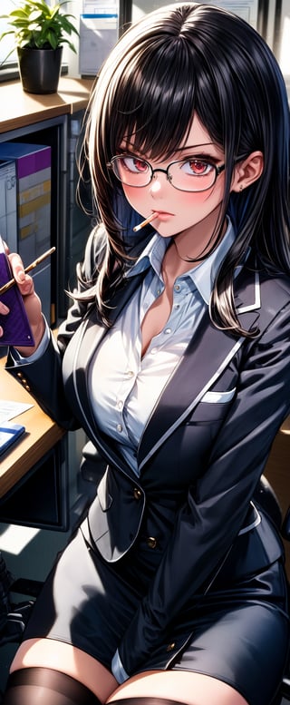 Masterpiece, best quality, ultra detailed, extremely detailed, vibrant colour, ultra quality, best quality, focus on girl, sharp focus, 1girl, office lady, girl, cute, business suit, white shirt, black blazer , glasses , in office , on chair, smoking, serious,black skirt,black thighhighs,clorinde \(genshin impact\),