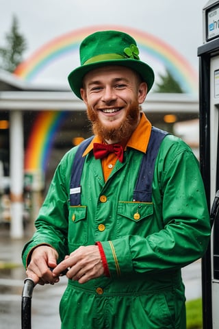 an ecstatic leprechaun is pouring a rainbow from a gas pump at a gas station in the rain. dressed in green overalls with four leaf clover stitching. warm and serene presence. perfect happy eyes, perfect anatomy, artistic composition, best quality, (((masterpiece))), best details, realistic skin texture, Sony A7R IV, Sony FE 50mm f/1.2 GM, warm natural light