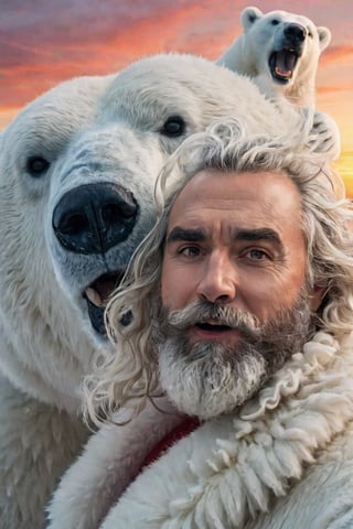 Santa Claus with a (furled brow face expression:1.5) preparing for a selfie with a majestic polar bear, 8k UHD, raw photo, highly detailed, rich and warm color scheme, flowing hair, thick beard, artistic portrait, smooth, perfect composition, at sunrise, winter landscape background, cinematic  moviemaker style