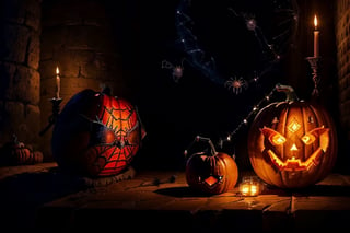 harry potter carving a glowing pumpkin, (((small spiders))) crawling out of the pumpkin, in a dark medieval castle, dimly lit, candlelight, moody, at night, depth of field, dark theme, night, soothing tones, muted colors, high contrast, hyperrealism, soft light,High detailed